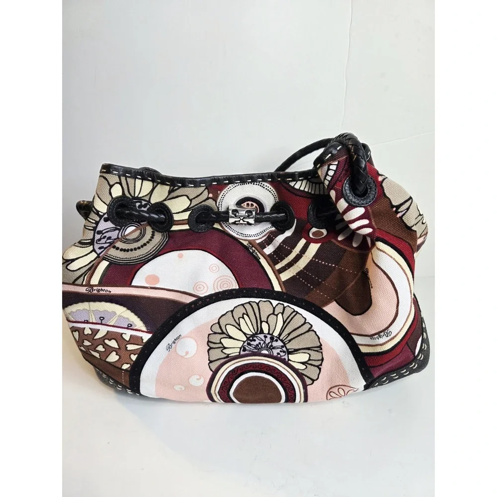 Brighton Canvas  & Leather Cinch Shoulder Satchel Slouchy Bag‎ Floral Braided